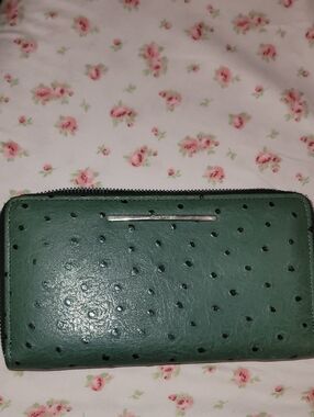 Ostrich  Dark Green Zip Wallet with Silver Accent